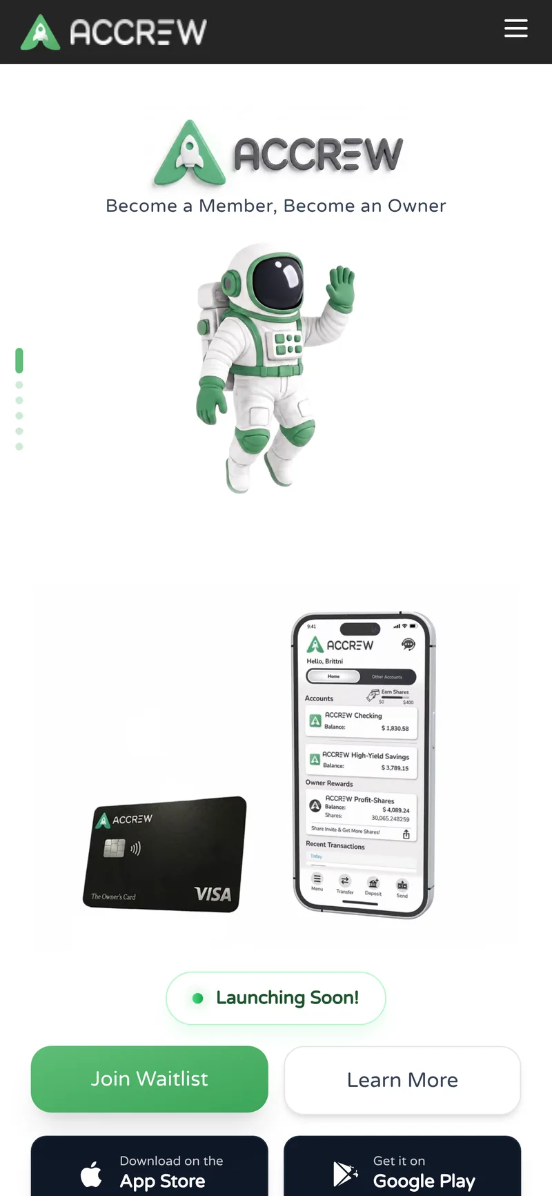 Fintech Marketing Site & Rewards Calculator — Home (mobile) screen