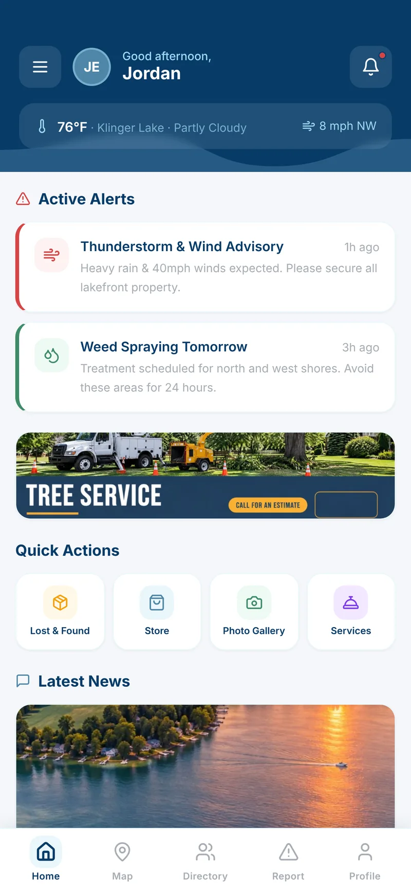 Lake Association Community App — Home screen