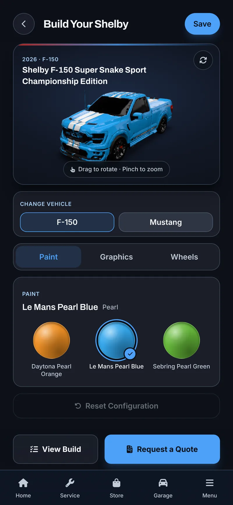 Performance-Vehicle Owner App with 3D Configurator — Build Your Shelby 3D screen