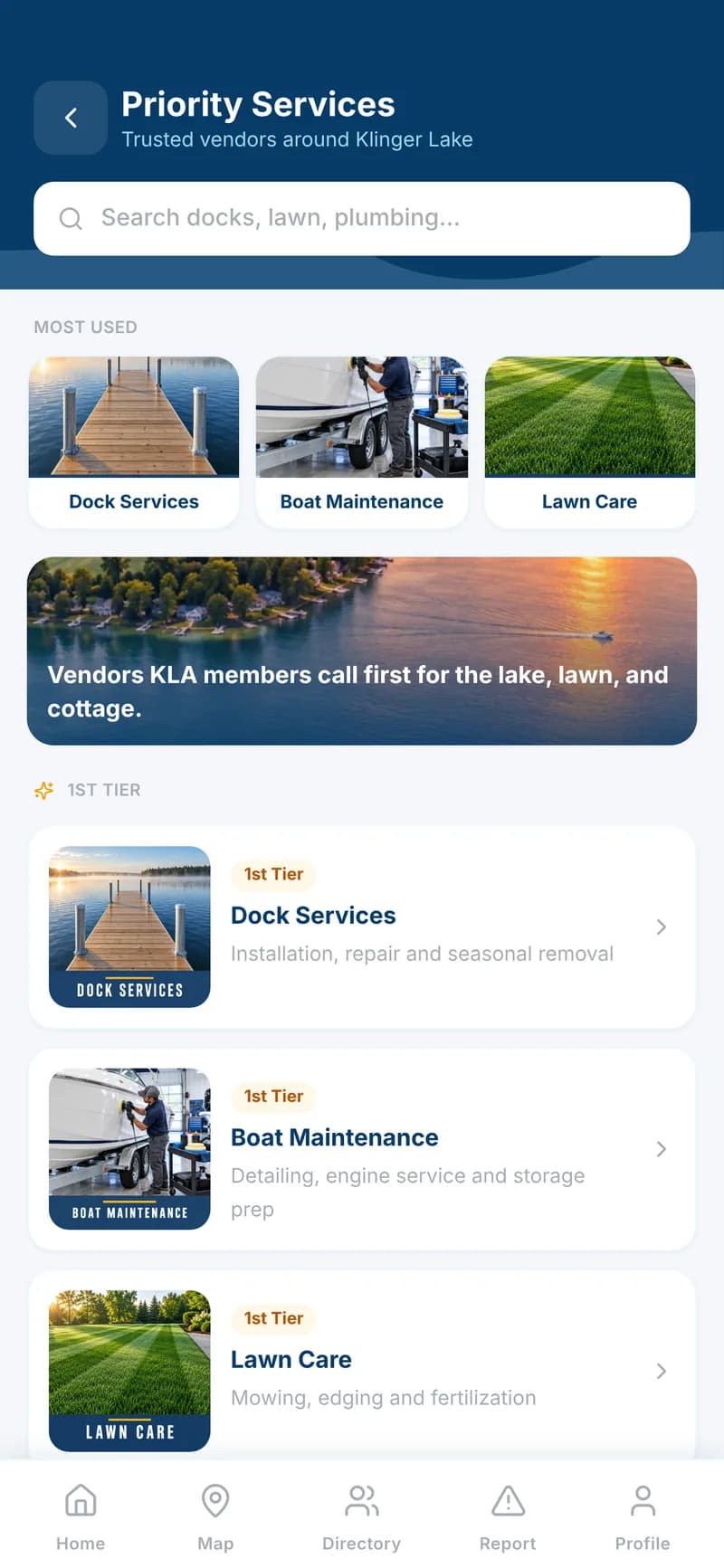 Lake Association Community App — Priority Services screen